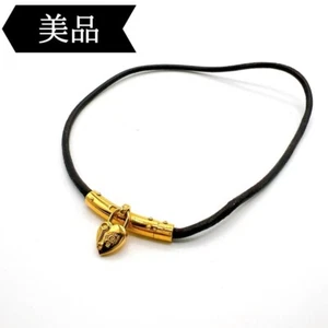 HERMES Vivilide Choker necklace Heart Charm Bracelet Leather Black Gold - Picture 1 of 4