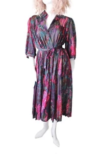 Boho Multicolor Paisley Day Dress ¾ Sleeve Belted Pleated Vintage  70’s - Picture 1 of 8