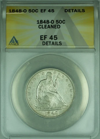 1848-O Seated Liberty Silver Half Dollar 50c Coin ANACS EF 45 Details Cleaned Cover