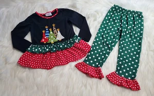 Ruffle Girl Medium (4) Red Green Christmas Outfit Shirt Pants Trees  O-20 - Picture 1 of 18