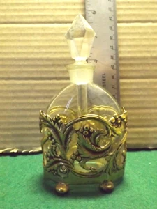 GLASS PERFUME BOTTLE & CRYSTAL DAUBER STOPPER & Decorative BRASS HOLDER - Picture 1 of 7
