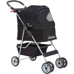 Black 4 Wheel Folding Portable Pet Stroller Cat Dog Travel Carrier with Basket - Picture 1 of 13