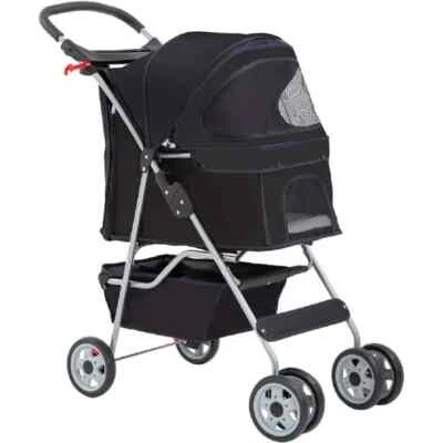 Black 4 Wheel Folding Portable Pet Stroller Cat Dog Travel Carrier with Basket - Image 1 of 4