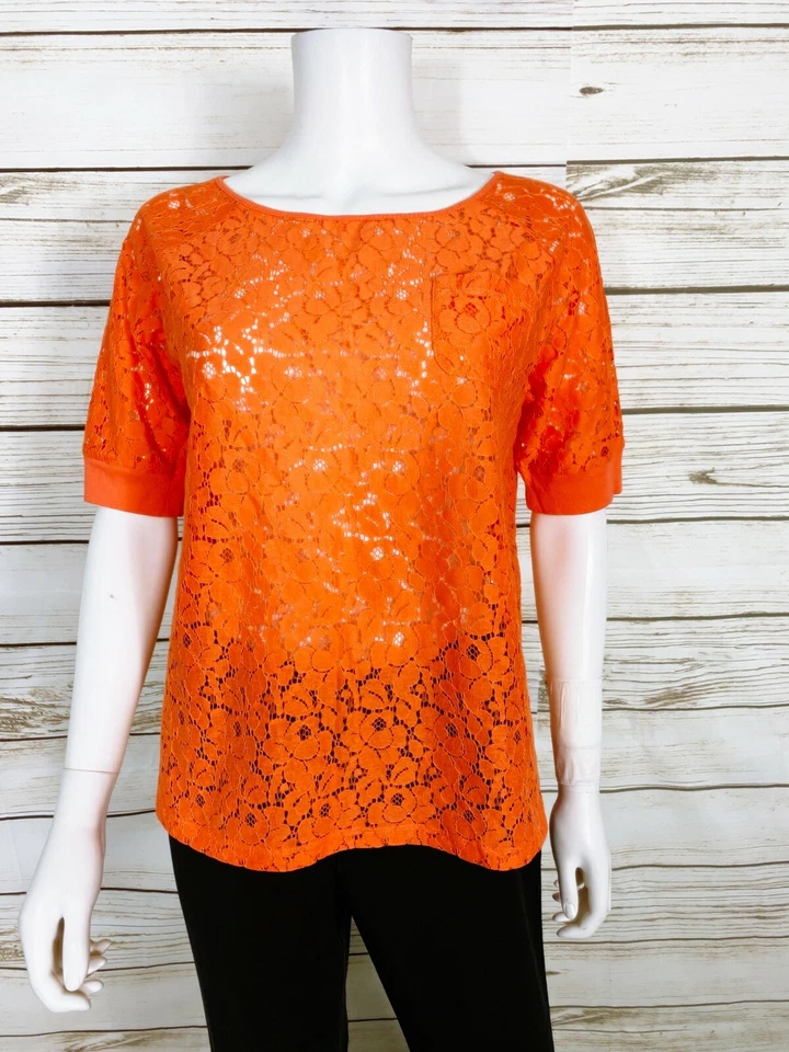 Jones New York Sport Womens Top Size M Orange Floral Lace Short Sleeve Pullover Foto 1 de 4