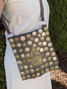Vintage Collectible 1800s Moroccan Berber Leather Water Seller Bag Purse W Coins - Picture 1 of 12