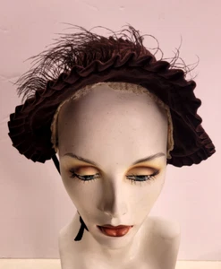 Vtg 1900's S&L Velvet Brown W/ Feather Plume Lace Womens Hat Possible Childs - Picture 1 of 10