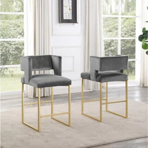 Modern 27" Counter Height Velvet Bar Stool with Gold Legs, Set of 2, Grey - Picture 1 of 3