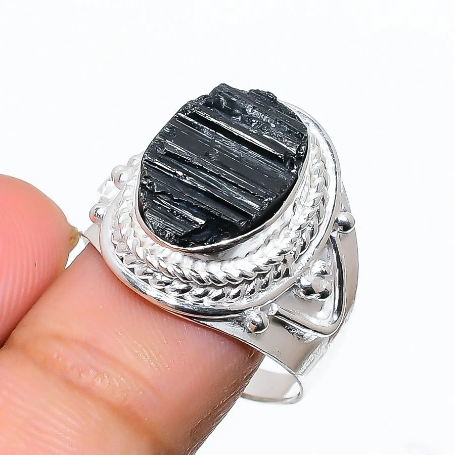 Black Tourmaline Gemstone 925 Sterling Silver Jewelry All Size Ring For Gift - Image 1 of 1