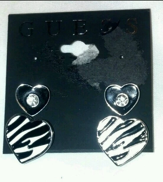 NEW GUESS RHINESTONE Heart 2 piece Zebra Black Designer Earrings Orig $30 - Image 1 of 3