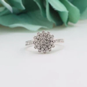Cluster Diamond Floral Ring 10K White Gold 0.50 TW Round Baguette Size 7 - Picture 1 of 9