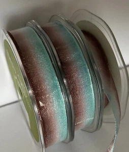 MAY ARTS New Full Rolls Ombre Ribbon : 5/8" x 50 YDS Turquoise & Brown Sheer - Picture 1 of 3