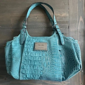 Nicole Miller Handbag Shoulder Purse, Turquoise Croc, Embossed Patent Leather - Picture 1 of 9