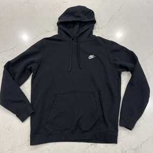 Nike Hoodie Mens L Black Sportswear Club Fleece Pullover Kangaroo Pocket Swoosh - Picture 1 of 9