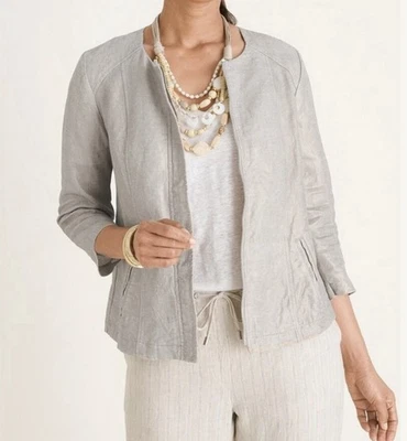 Chicos Linen Size 1 US 8 10 Silver Shimmer Metallic Zip Jacket Blazer Perfect - Image 1 of 4
