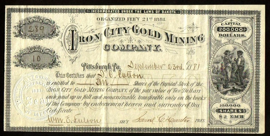 Black Hills Dakota Terr 1881 - Iron City Gold Mining - EX RARO Certificado de Stock Foto 1 de 1