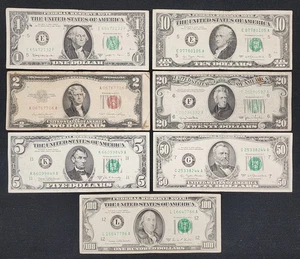 7 TOTAL OLD US CURRENCY BILLS $1 $2 $5 $10 $20 $50 & $100 DOLLAR FRN 1950 1953 - Picture 1 of 11