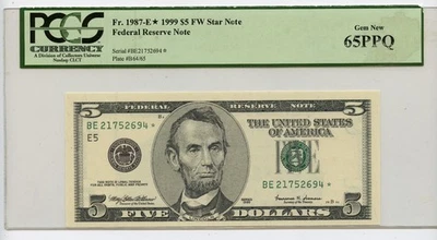 1999 $5 Federal Reserve *Star* Note Fort Worth PCGS Gem New 65PPQ - Image 1 of 2