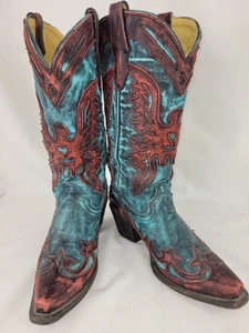 Corral Cowgirl Vintage SnipToe Distressed Turquoise Red Eagle Boots Women Sz 6.5 - Picture 1 of 18