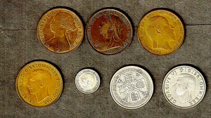 Großbritannien, 7 Münzen Konvolut ab 1863, darunter 2 Silbermünzen - Bild 1 von 2
