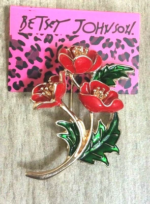Betsey Johnson 3 Red Flower's with Long Stems Pendant & Brooch Pin New Beauty! - Изображение 1 из 2