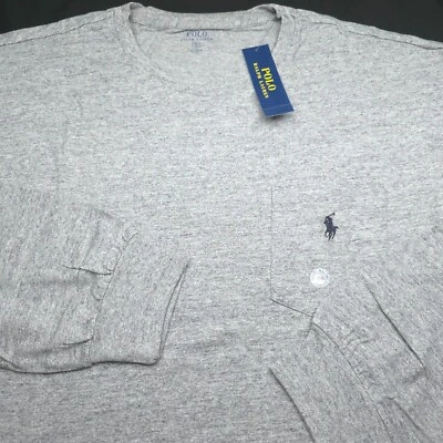 POLO RALPH LAUREN CREW T-SHIRT -2XB BIG XXL GRAY -LONG SLEEVE POCKET -BLACK PONY - Image 1 of 4