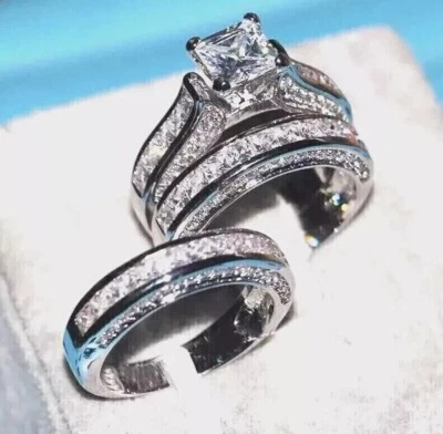 His Her Diamond Lab Created 14k White Gold Plated Trio Bridal Wedding Ring Set - Image 1 of 3