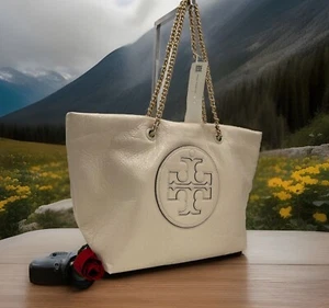 AUTH NWT $358 TORY BURCH ELLA Logo Crinkle Patent Chain Tote Shopper-Oats🌹New🌹 - Picture 1 of 17