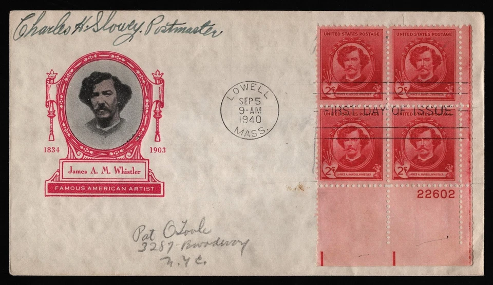 #885 2c James Whistler-Plate Block, Ioor SIGNED FDC **ANY 5=FREE SHIPPING** - Image 1 of 1