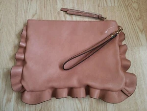 Sole Society Faux Leather Ruffle Trim Salmon Rose Pink Clutch Bag handle strap - Picture 1 of 4