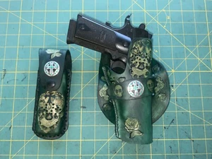 Handmade Leather Holster & mag pouch 1911 Sugar Skull Carving - Picture 1 of 6