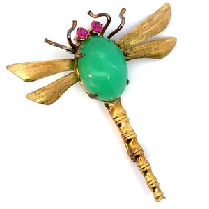 Vintage 10K Yellow Gold Jade Dragonfly Brooch - J095 - Picture 1 of 9