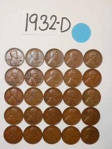 Rollo de centavos 1932-D fecha sólida = 25 centavos de trigo Lincoln (8+ artículos se envían gratis) - Imagen 1 de 2
