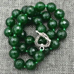 12mm Faceted Dark Green Jade Round Gems Necklace 18'' Tibetan Silver Clasps - Picture 1 of 3