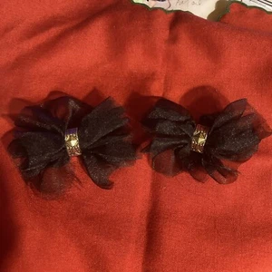 2 Vintage Black Tulle Bow Shape SHOE Clips W/ Silver & Gold Metal Clips - Picture 1 of 10
