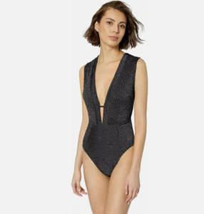 Kenneth Cole Women's Black Rib Plunge Mio One-Piece Swimsuit Padded Black Size S - Picture 1 of 11