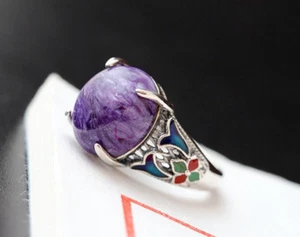 B06 Anello Lilla Charoit Siberiana Traumstein Fiori Colorato Argento Sterling - Foto 1 di 7