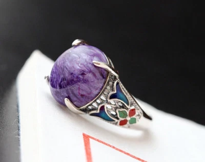 B06 Anello Lilla Charoit Siberiana Traumstein Fiori Colorato Argento Sterling - Immagine 1 di 4