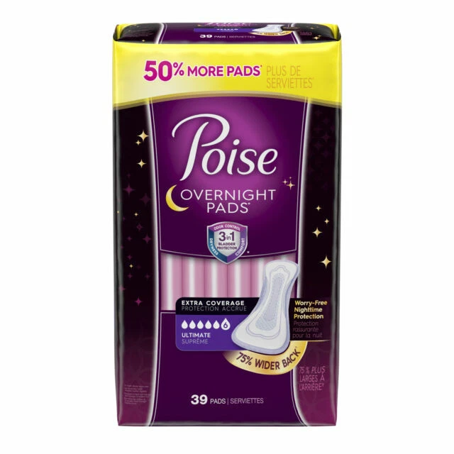 Poise Overnight Incontinence Pads - Ultimate Absorbency, Pack of 39