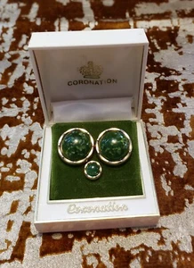 Vintage Hickok marmoriert grüner Stein Cabochon goldfarben Herren Manschettenknöpfe Krönung - Bild 1 von 16