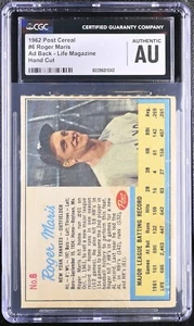 1962 Post Cereal #6 Roger Maris New York Yankees - rivista Life - CGC autentico - Foto 1 di 2