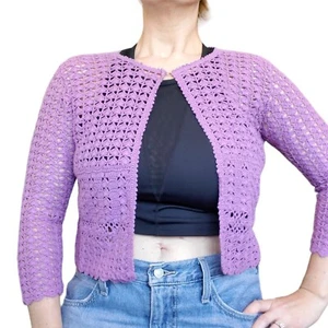 Vintage 90s Lavendar Purple Crochet Cropped Cardigan Softgirl Sz XS - Picture 1 of 7
