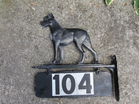 antique vintage HOUSE NUMBER PLAQUE, ADDRESS SIGN: Cast Metal AMERICAN BOXER DOG Cover