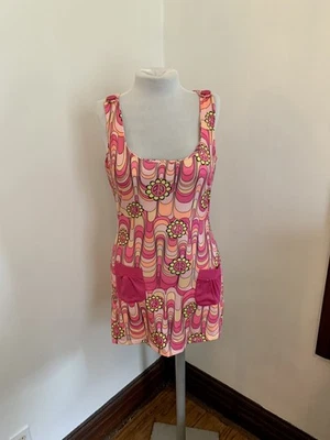 Retro Peace Sheath Dress Leg Avenue Mini Mod Dress Small psychedelic Pink Groov - Image 1 of 4