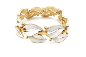 Pulsera Vintage Corona Trifari Tono Dorado Blanco Esmalte Hoja 7" - Imagen 1 de 9
