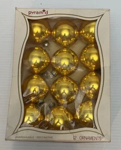 Vintage PYRAMID Unbreakable Christmas Ornaments Set of 12 in Box Rauch GOLD 2" - Picture 1 of 5