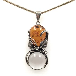 925 Silber Collier Bernstein Halskette Anhänger vintage Schmuck handgemacht - Bild 1 von 19