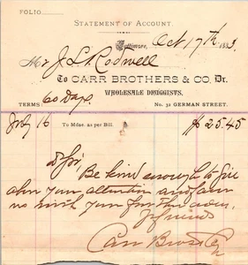 Antiche dichiarazioni contabili del 1880 (2): CARR BROTHERS & CO., Carlin & Fulton, DR. - Foto 1 di 4