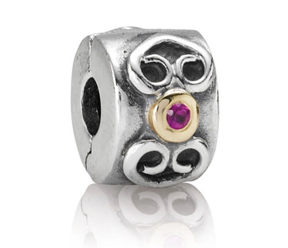 Auth. Ret. Pandora Double Heart Pink Sapphire Clip SS w/ 14k Gold Charm - New - Image 1 of 1