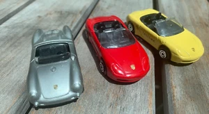 Lot of 3 Maisto 1:64 Porsches - Silver 550A Spyder, Red & Yellow Boxsters - Picture 1 of 21