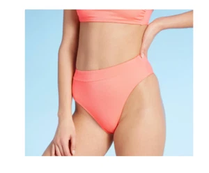Xhilaration Juniors' Large Bikini Bottom Coral Ribbed High Leg High Waist 8-10 - Picture 1 of 15